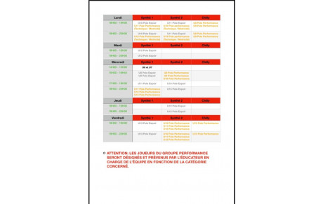 Horaires d’entraînement 